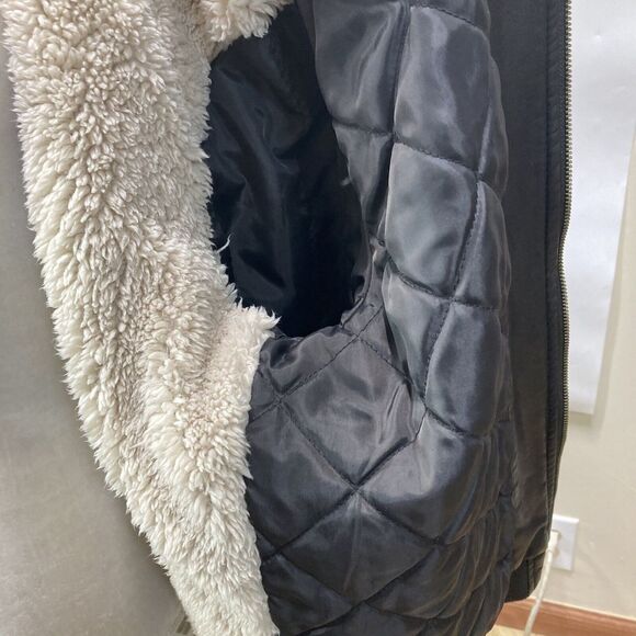 Levi Strauss Brown Faux Leather Jacket Hooded Womans Large Sherpa quilted zip - Picture 5 of 13